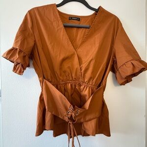 SHEIN Orange Puff Sleeve Peplum Blouse
